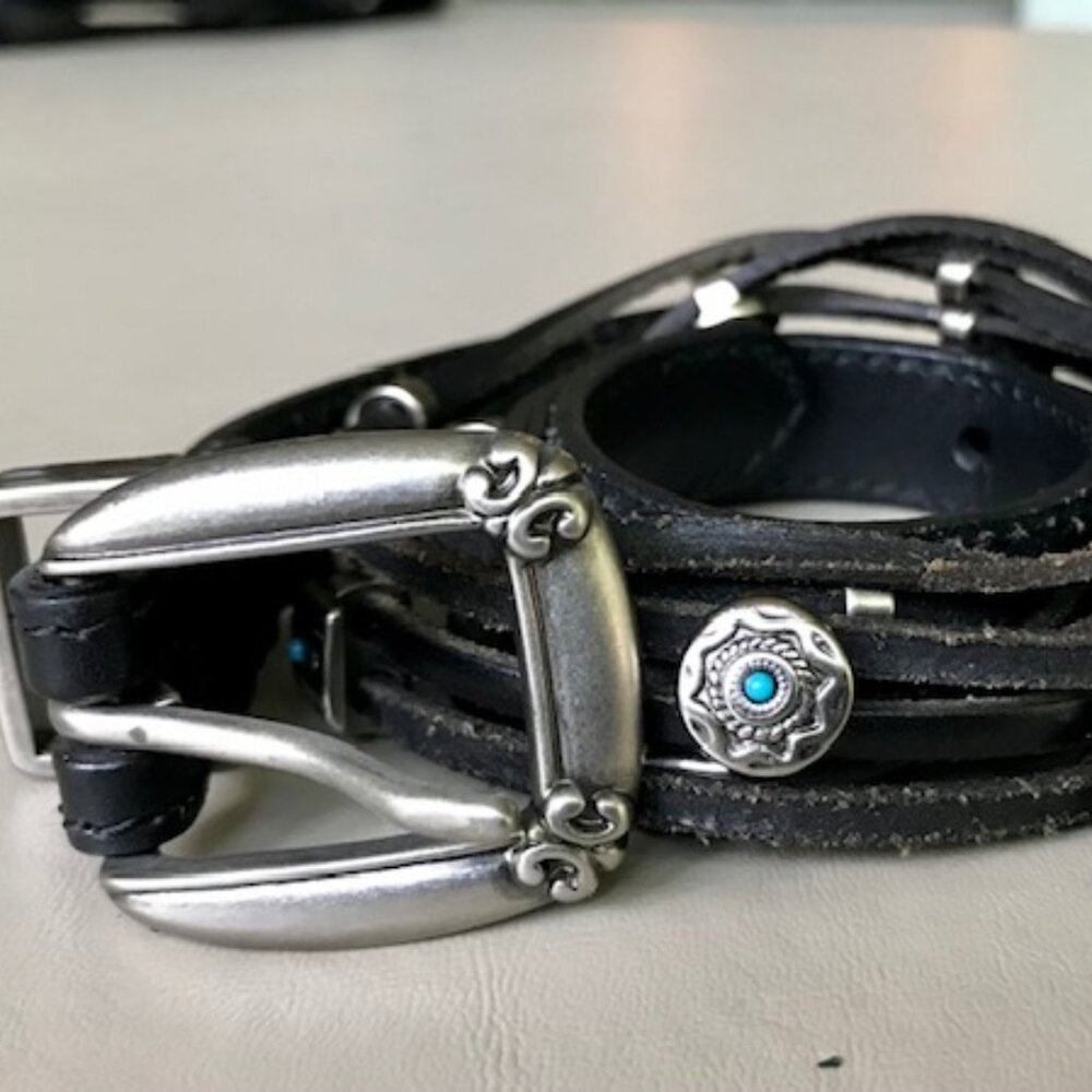 Black leather belt with silver & turquoise embellishments